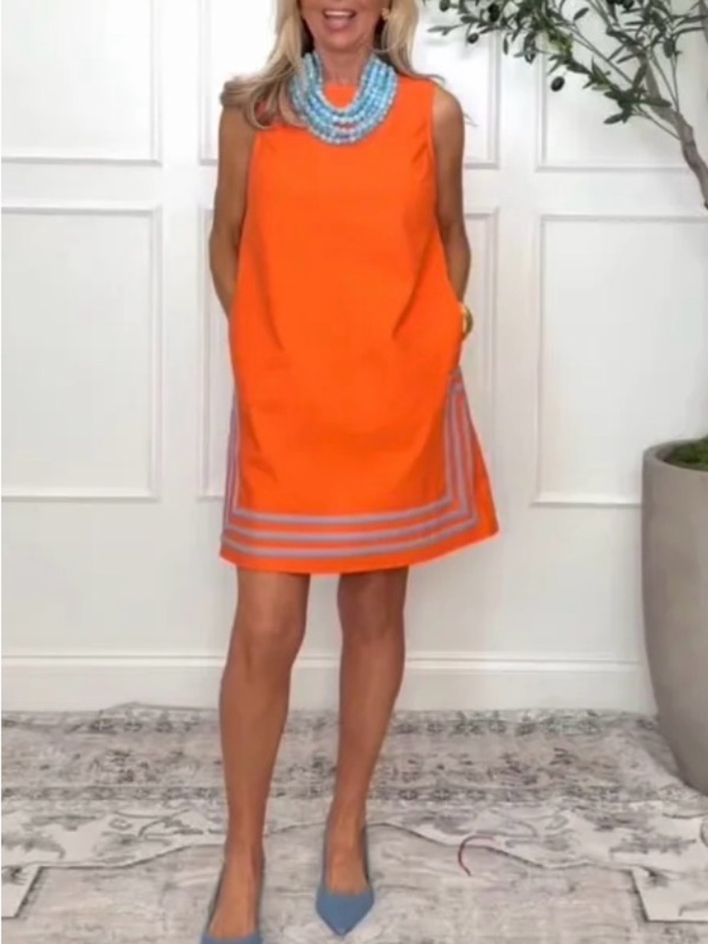 Orange Sleeveless Shift Dress with Contrasting Blue Trim